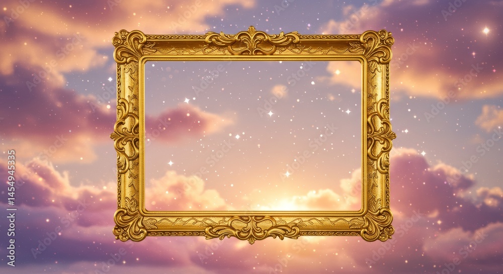 Golden ornate picture frame against a dreamy sunset background