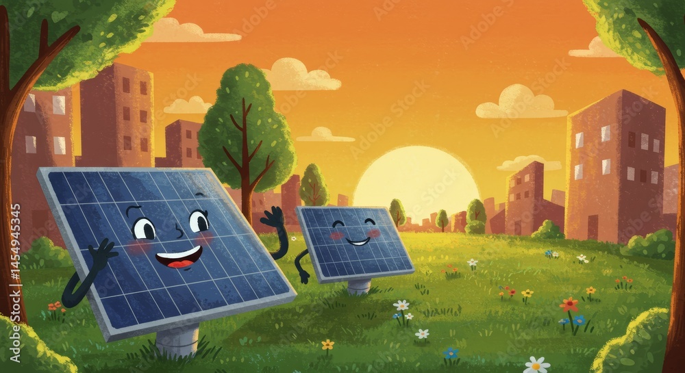 Cheerful solar panels in a vibrant sunset landscape with happy expressions