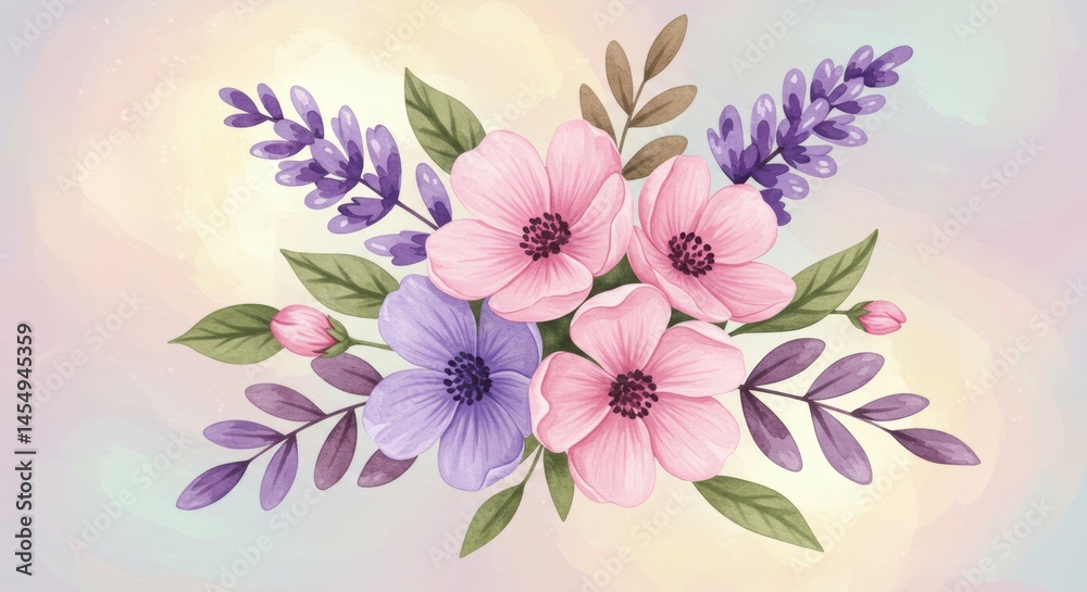Beautiful floral arrangement featuring pink and purple flowers with leaves