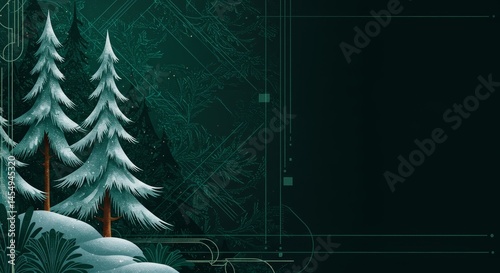 Stylized winter forest background with snow-covered trees and dark green hues