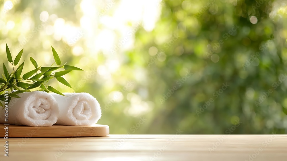 Spa Setting with White Towels and Bamboo Leaves Spa Setting with White Towels and Bamboo Leaves