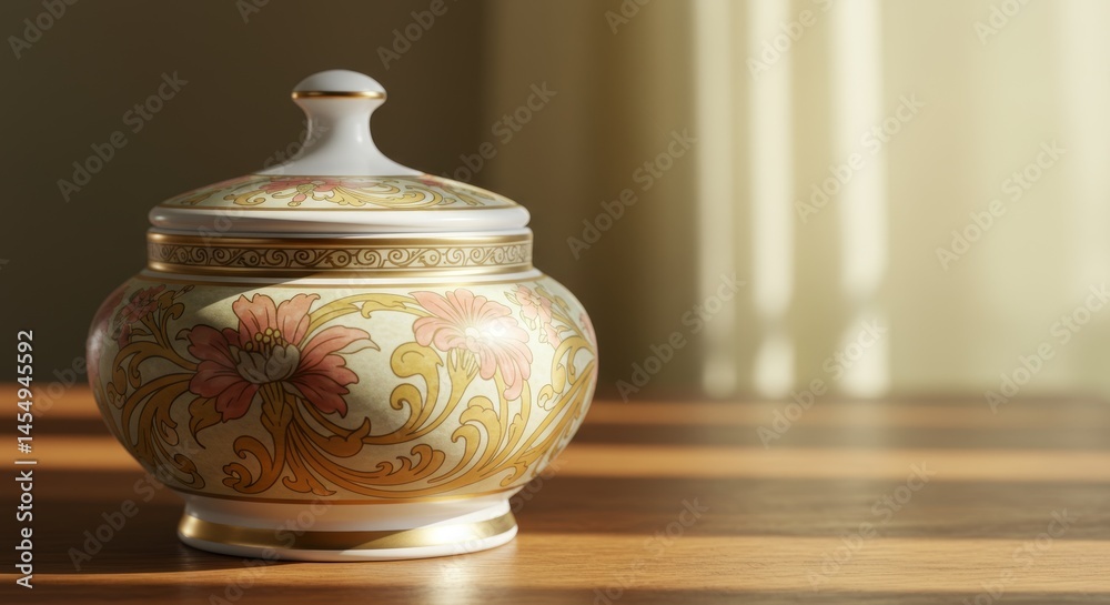 Decorative ceramic jar with floral patterns on a wooden table
