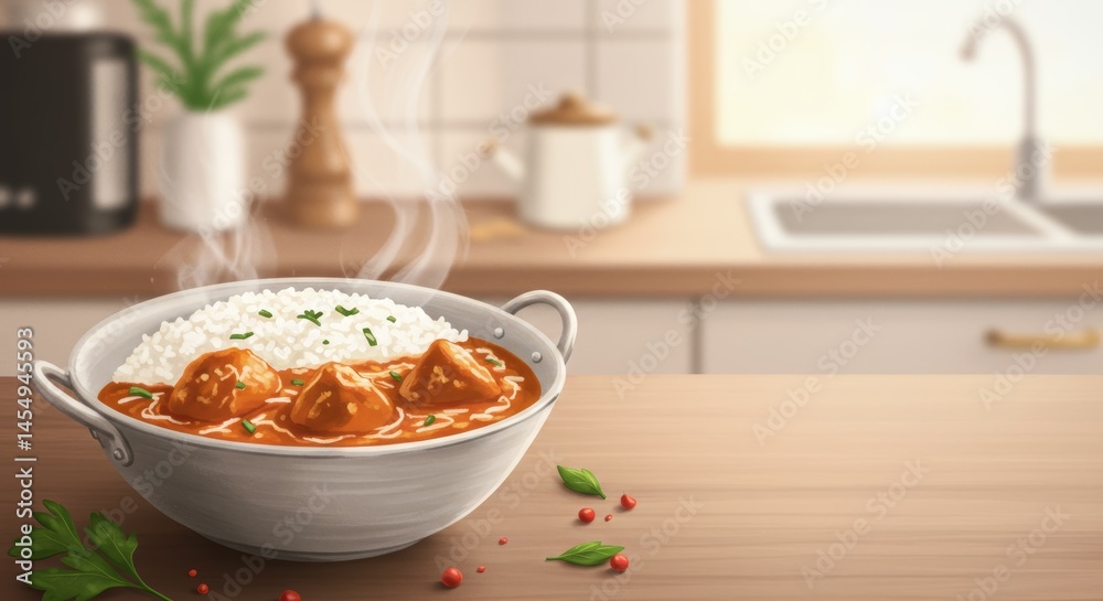Delicious bowl of meatballs served with fluffy white rice and herbs