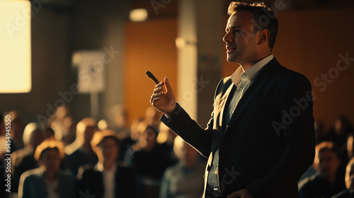 A confident entrepreneur presenting a startup idea to investors in a meeting.