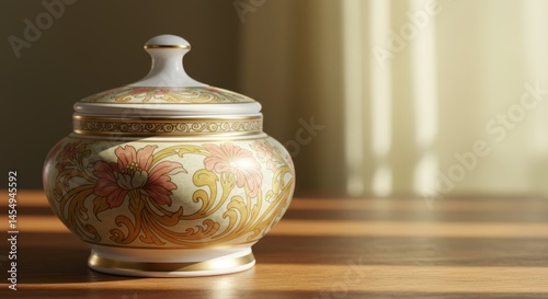 Obraz na płótnie Decorative ceramic jar with floral patterns on a wooden table w salonie