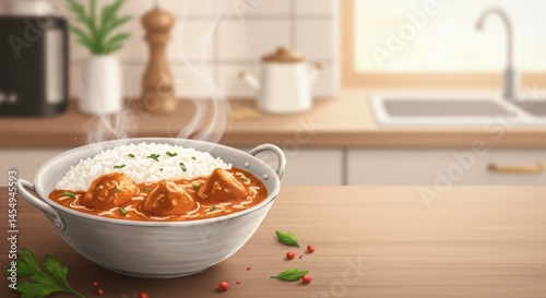 Obraz na płótnie Delicious bowl of meatballs served with fluffy white rice and herbs w salonie