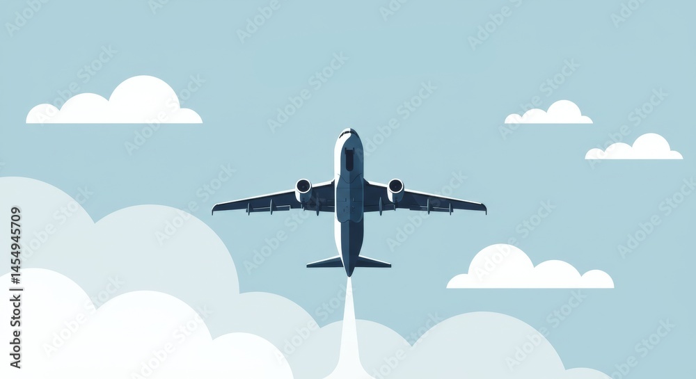 Stylized airplane flying through a clear blue sky with fluffy clouds