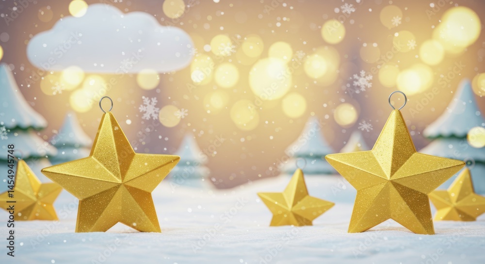 Golden star ornaments on snow with a dreamy winter background