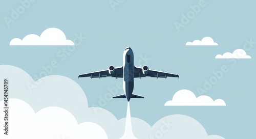 Obraz na płótnie Stylized airplane flying through a clear blue sky with fluffy clouds w salonie