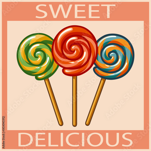 Spiral striped colorful lollipops set. retro style. vintage poster design with lollipop candy. vector illustration