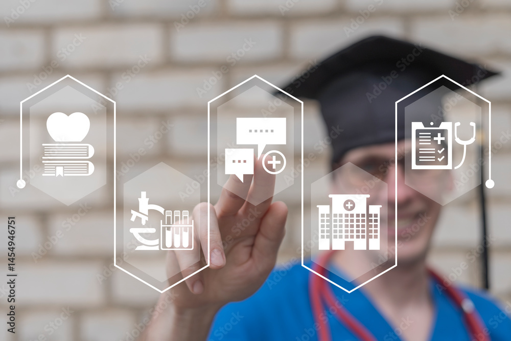 Person in graduation cap using virtual touch screen push speech bubbles icon symbolizing concept: MEDICAL INTERN. Medicine Practice Health Care Professional Education Concept.
