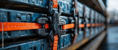 Straps secure industrial crates, providing tiedown for transport cargo.