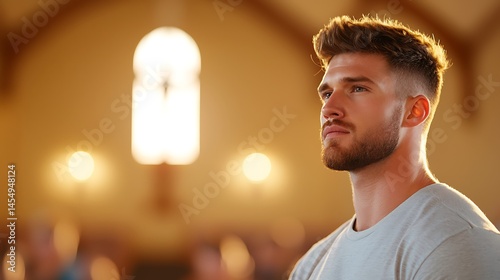 Thoughtful Young Man Praying in Church