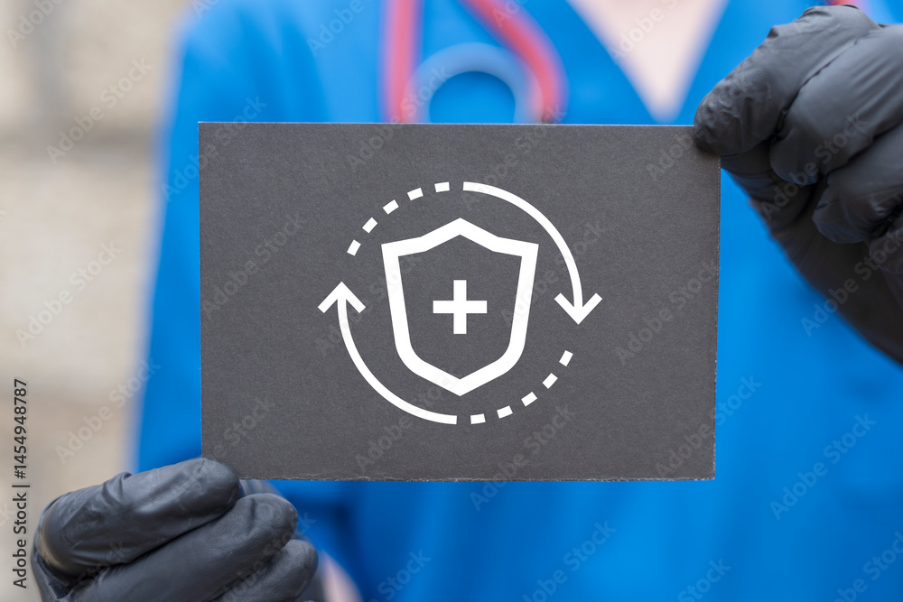Concept of health insurance, medical coverage planning, hospital payment support. Physician holding black paper card with shield icon symbolizing concept: HEALTH INSURANCE.
