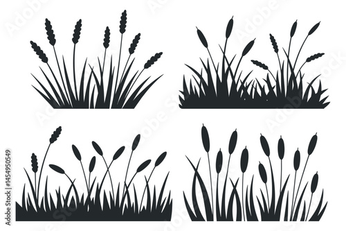 Four Sets of Silhouettes Black and White Grass and Cattail Plants