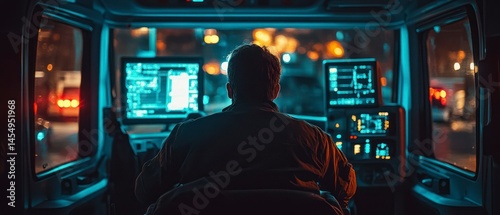 Truck driver monitors computer screens inside vehicle cab at night, displaying data.