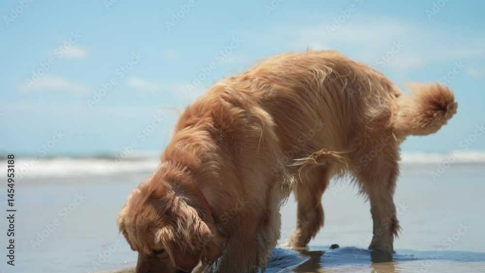 Golden Retriever digging in slow motion on the beach