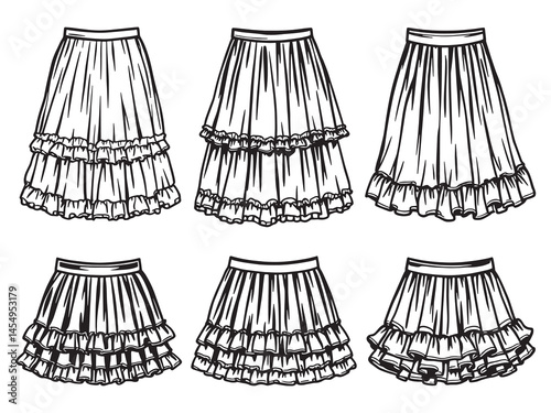 Ruffled Skirt line art icon elegant outfit drawing