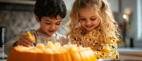 Elementary school boy, alongside young girl, is carving pumpkin for Halloween while smiling with cheerfulness in domestic setting.