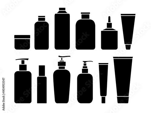 Vector Shampoo and Beauty Bottle Set. Skincare Product Silhouettes with Jars, Tubes and Containers for Cosmetics