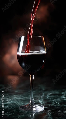 Red wine pouring into a clear glass goblet on a dark marbled surface with a dim moody background and reflections