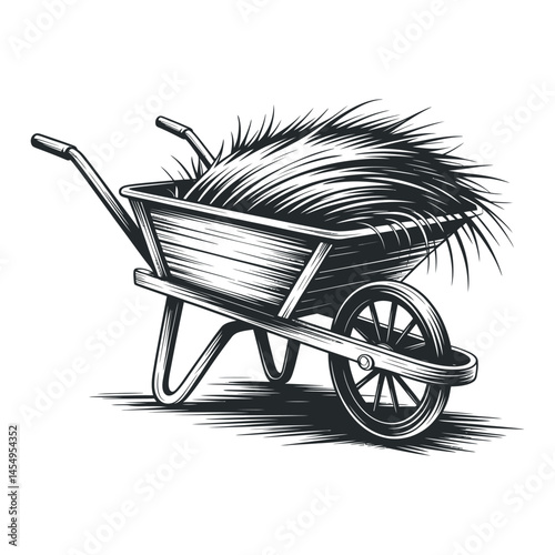 Black and White Illustration of a Wheelbarrow Filled with Hay