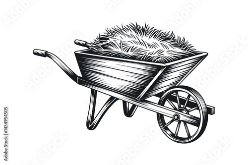 Vintage Wood Wheelbarrow Filled with Hay Graphic Illustration