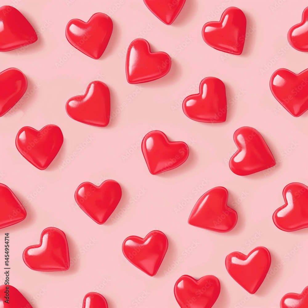 Gummy red hearts in neat rows on light pink background. Romantic candy concept. Gummy red hearts in neat rows on light pink background. Romantic candy concept.
