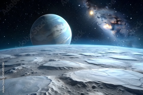 Icy Exoplanet Landscape with Distant Nebula