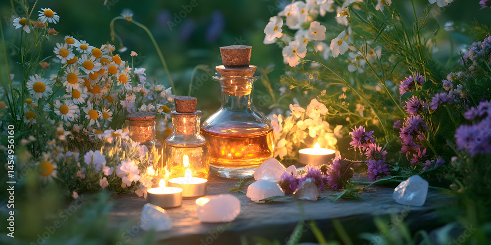 Fototapeta premium Floral Elixir Image, Healing Crystals Products, Bohemian Style Oils, Aromatherapy Candles Still Life, Magical Theme, Botanical Product
