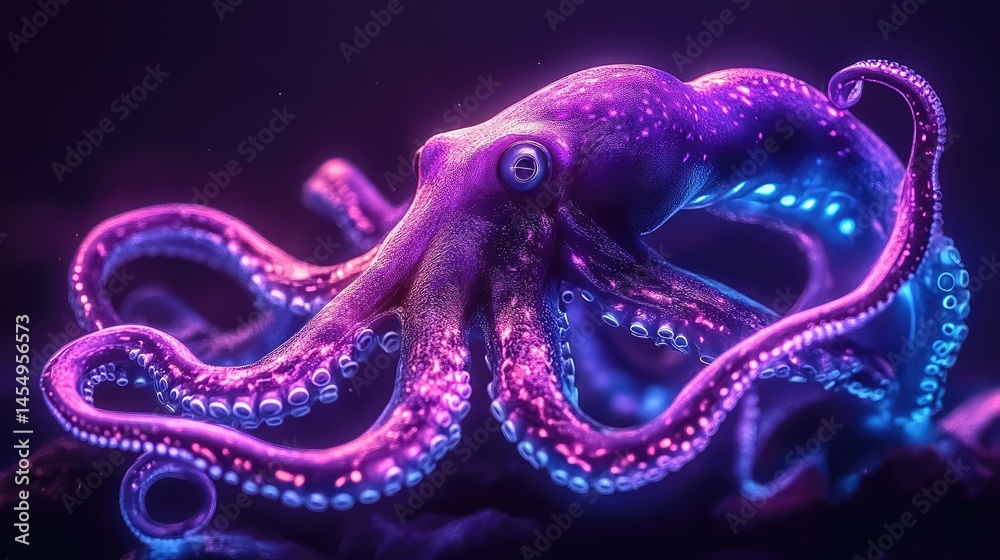 Fototapeta premium Glowing, vibrant octopus in neon hues. Detailed and stylized rendering of a cephalopod against a dark backdrop. Visually striking, almost metallic appearance
