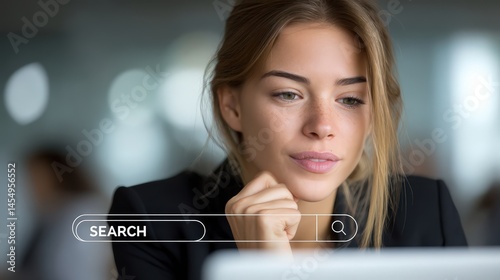 Young Woman Deep in Thought While Searching on a Computer in a Modern Office