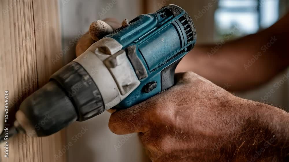Craftsman using electric drill to drill wooden beam, building a wall inside the house, renovation process, handyman working indoors