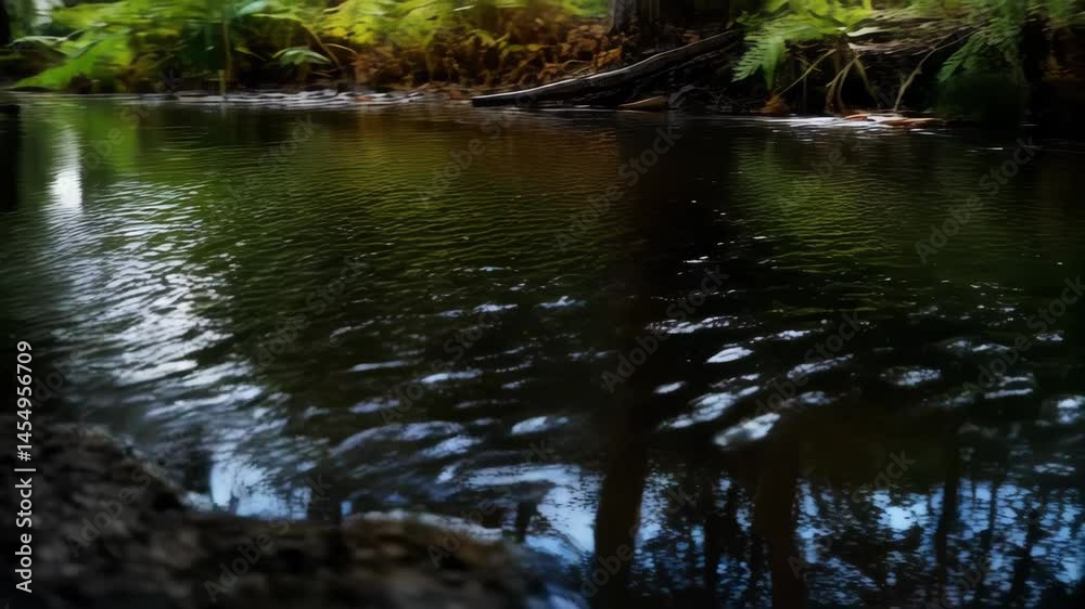 Scenic view of a serene forest creek with lush ferns and reflections of trees in the calm water, creating a peaceful and natural woodland landscape.