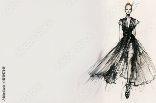 Croquis de mode d’une femme en robe longue fluide au trait noir sur fond clair, esquisse élégante de silhouette féminine, concept créatif de haute couture avec espace négatif copyspace