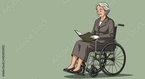 Elderly Woman Reading in a Wheelchair Against a Green Background  