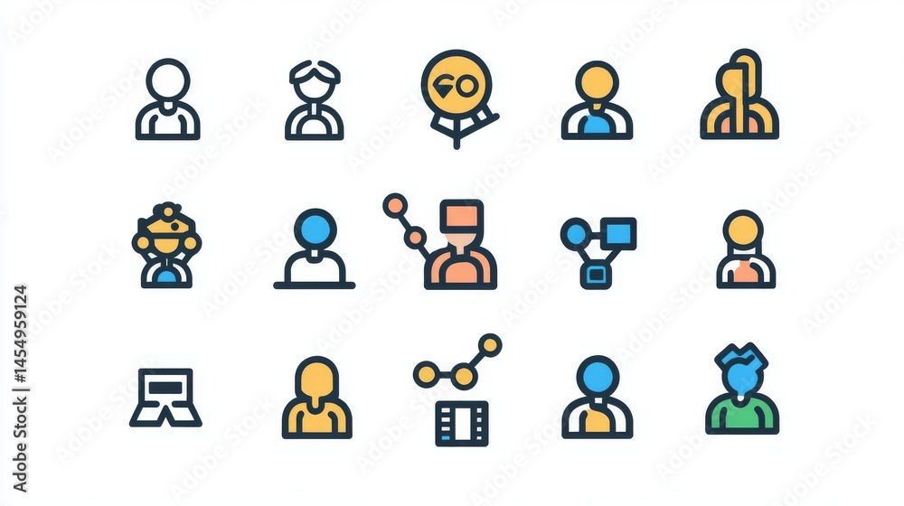 Fototapeta premium Teamwork icons include things like meetings, workspaces, and how teams talk and work together. These icons show team structure and business communication in a simple way. 