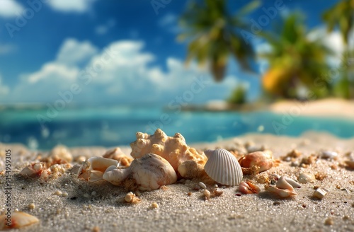 Seashells Scattered on Sandy Beach With Palm Trees and Tranquil Ocean in Background