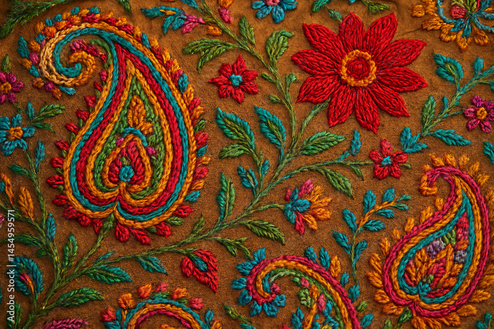 Macro shot of detailed hand embroidery on traditional fabric, featuring colorful threads in floral and paisley designs. Set against rich silk or cotton background with soft, even lighting Macro shot of detailed hand embroidery on traditional fabric, featuring colorful threads in floral and paisley designs. Set against rich silk or cotton background with soft, even lighting