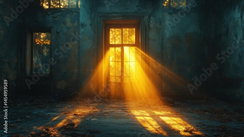 Sunbeams Illuminating Abandoned Building Interior Golden Light Rays Through Window in Derelict Room