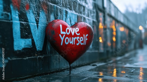 Red heart-shaped message on a city wall