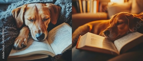 Beagle sweetly rests atop open book under cozy blanket, exuding feelings contentment, reading, and warmth.