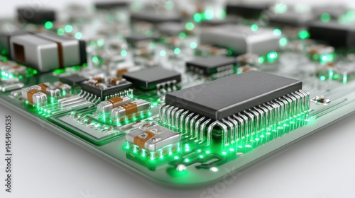 CloseUp of a Circuit Board with Illuminated Components and Microchips Highlighting Technology