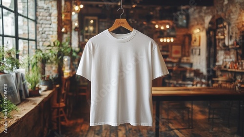 White Crew Neck T Shirt Mockup on Wooden Hanger in Rustic Cafe Setting