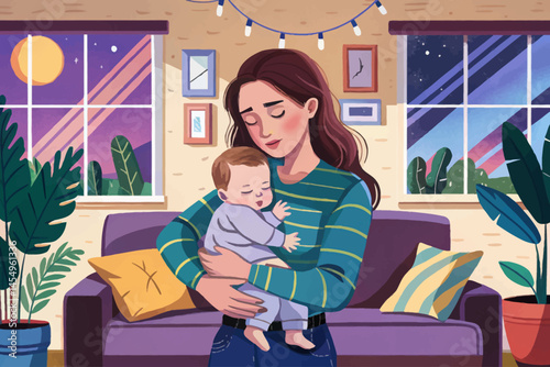 Young mother gently holding her sleepy baby boy in cozy living room, capturing tenderness vector, comfort, and maternal love. Perfect for motherhood, family bonding, and infant care lifestyle themes