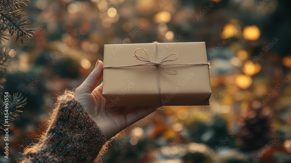 Woman s Hand Holding a Beautifully Wrapped Gift Box Outdoors at Dusk