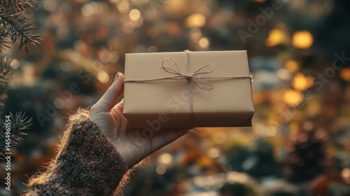 Obraz na płótnie Woman s Hand Holding a Beautifully Wrapped Gift Box Outdoors at Dusk w salonie