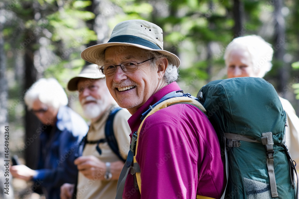 Elderly group enjoys hiking through nature trails Generative AI Elderly group enjoys hiking through nature trails Generative AI