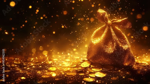 Golden treasure bag, filled with coins, in a sparkling, magical setting