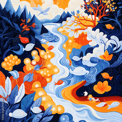 A vibrant illustration depicting a whimsical landscape with river fish trees mountains. Ideal for textile patterns wallpaper or children's book illustrations.
